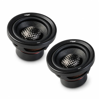 Dos altavoces redondos negros Vibe Audio CVEN2.5SQM-V9 para coche con centros de cúpula de fibra de carbono y marca VIBE, con diseño de gama media de 3 sobre fondo blanco.