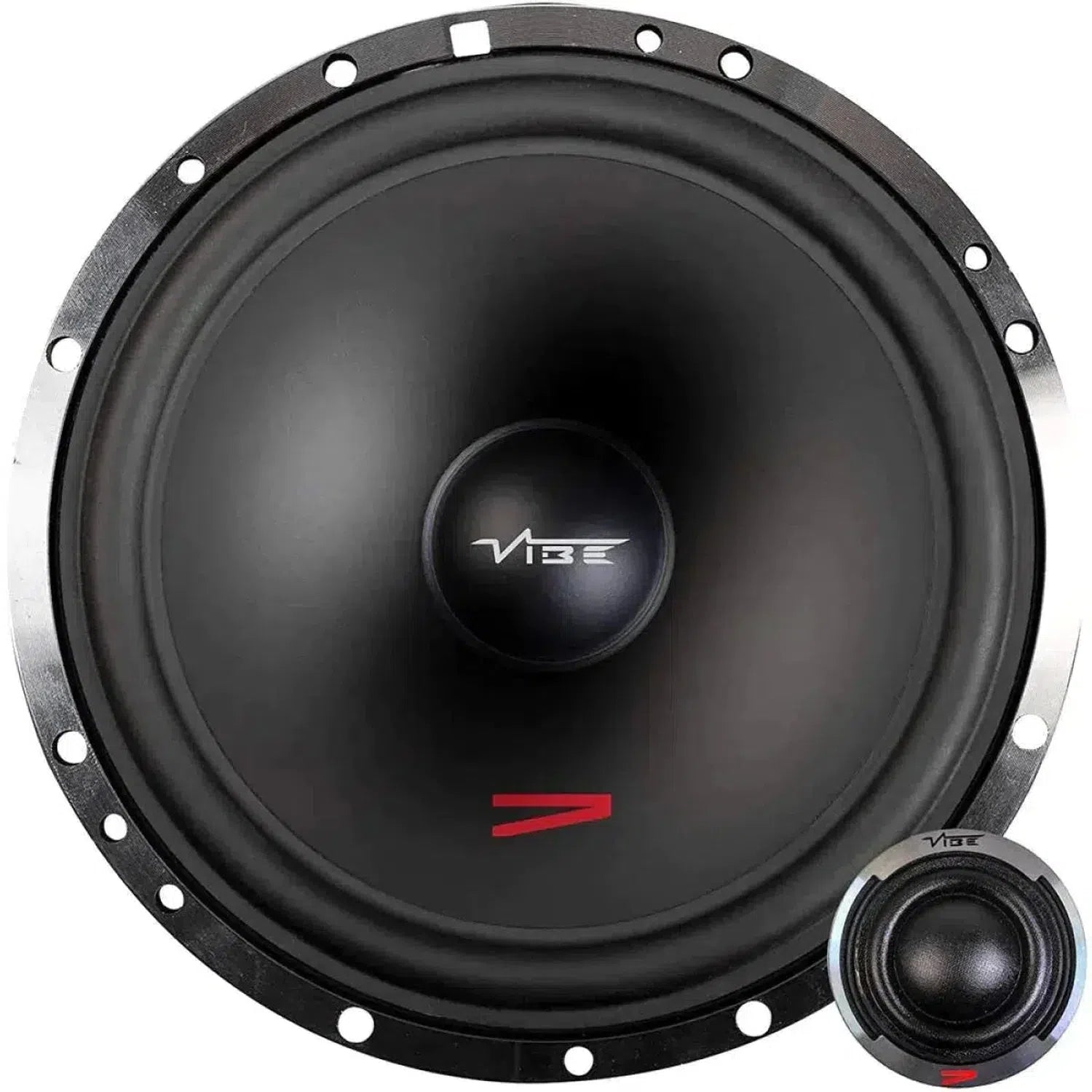 The Vibe Audio CVEN62C-V4 is a large round car subwoofer with a black cone, silver rim, red arrow, SQ-Chassis design, and 5 Zoll Lautsprecherset.