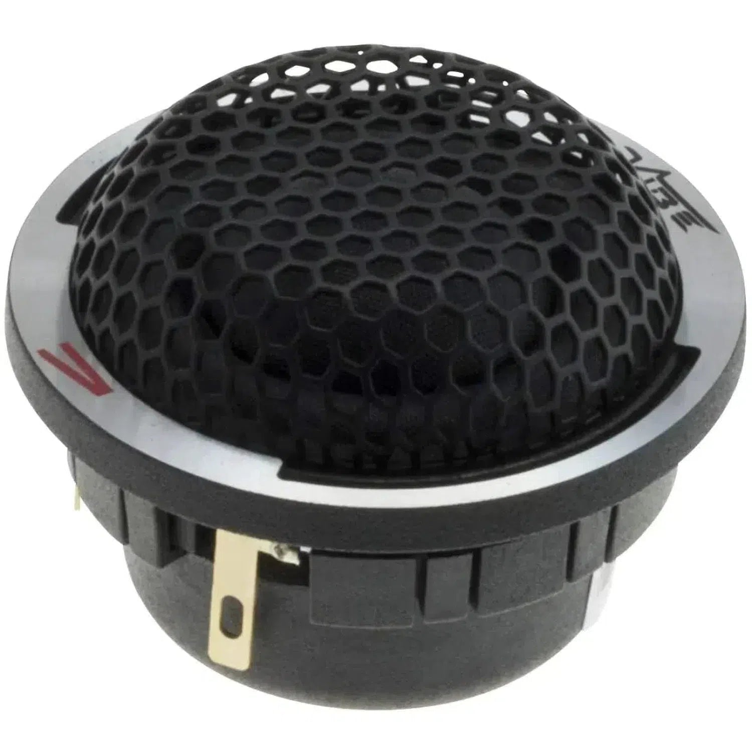 Close-up of a Vibe Audio CVEN62C-V4 round black tweeter with honeycomb mesh grille and metallic accents, part of the 5 Zoll Lautsprecherset High-End-SQ-Chassis.