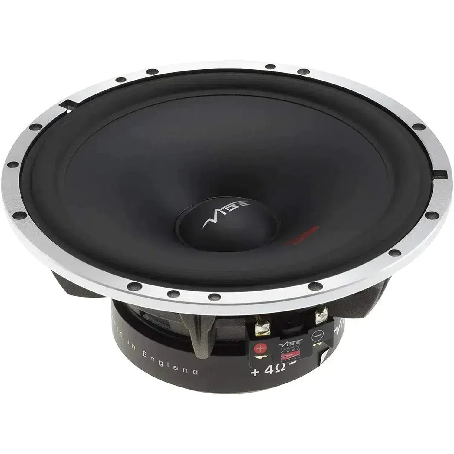 The Vibe Audio CVEN62C-V4 is a large black round car subwoofer with a silver rim, 4 ohm label, wiring terminals, and a VIBE logo at the center.