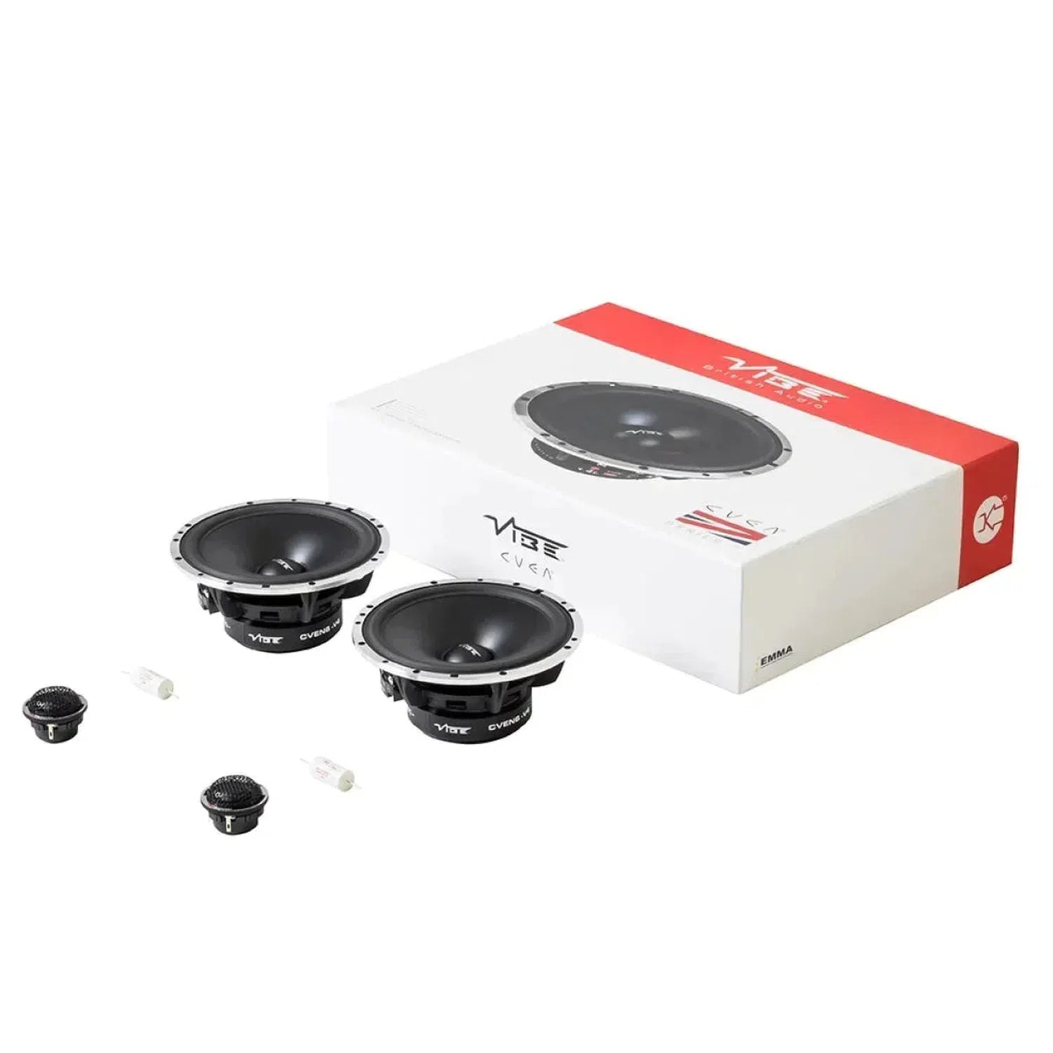 The Vibe Audio CVEN62C-V4 is a 5 Zoll Lautsprecherset with two large speakers, two tweeters, white connectors, and a branded CVEN box.