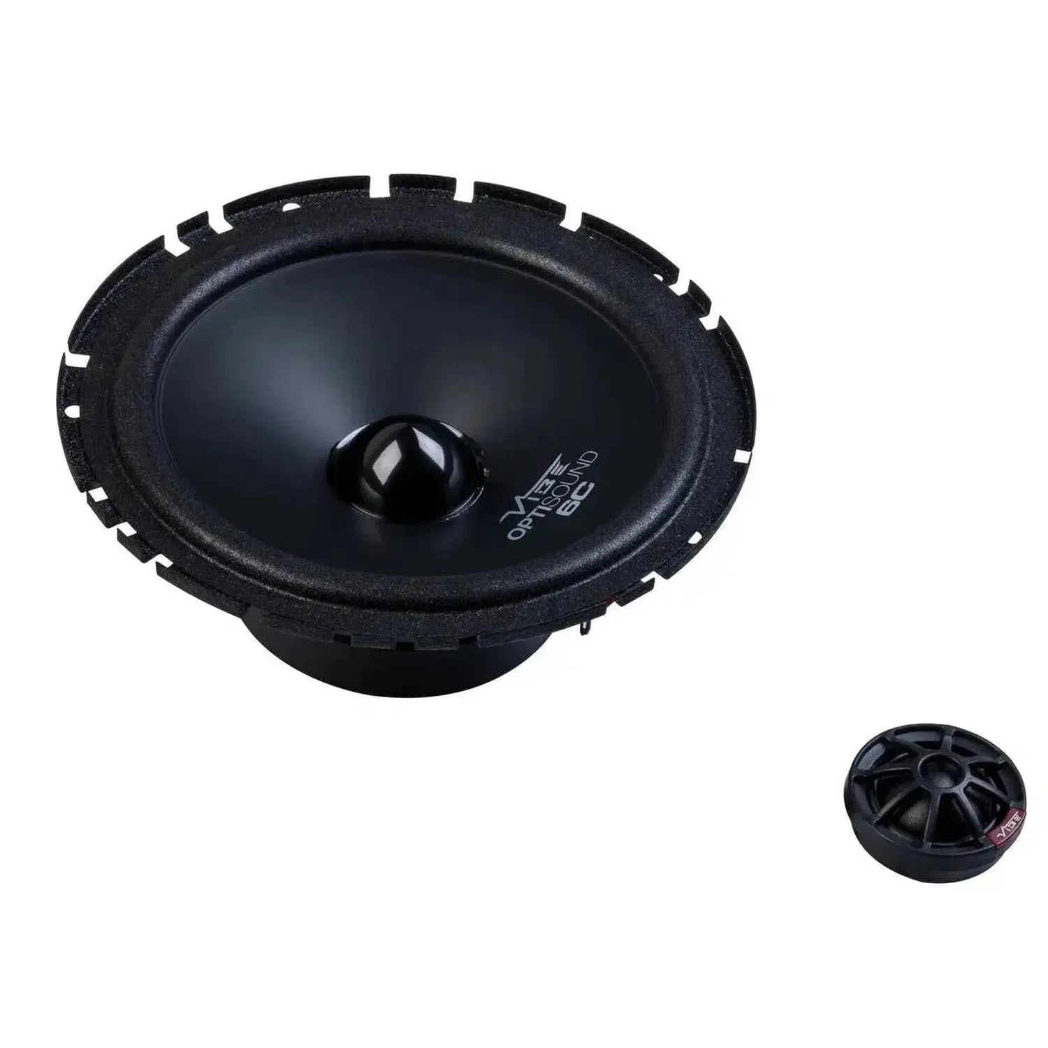 The Vibe Audio Optisound OPTIFTKT-V8 car speaker set, featuring a large black speaker and a round tweeter, is displayed on a white background.