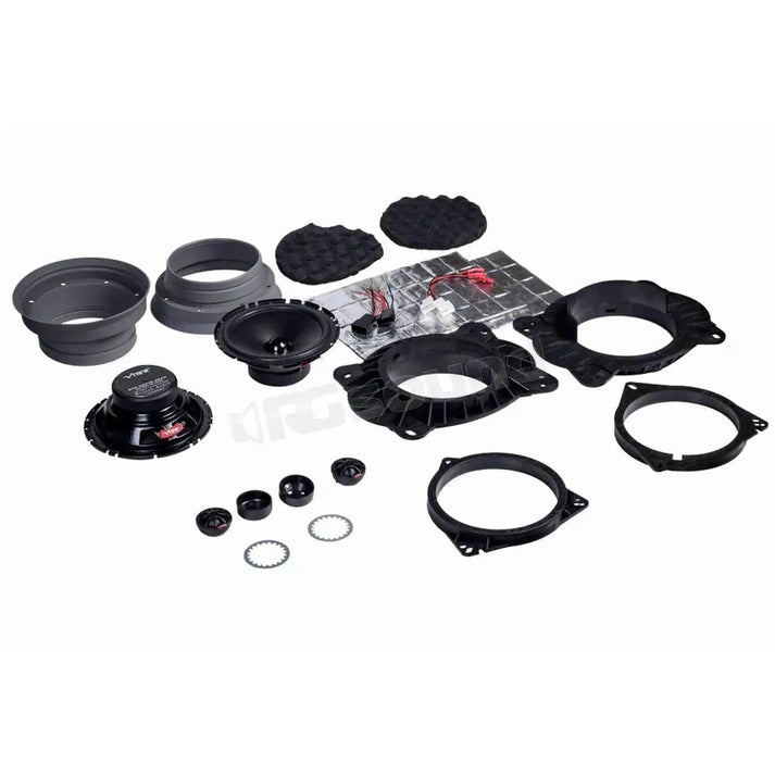 The Optisound OPTITYKT-V8 by Vibe Audio includes speakers, mounting brackets, rubber rings, foam pads, wires, and connectors on a white background.