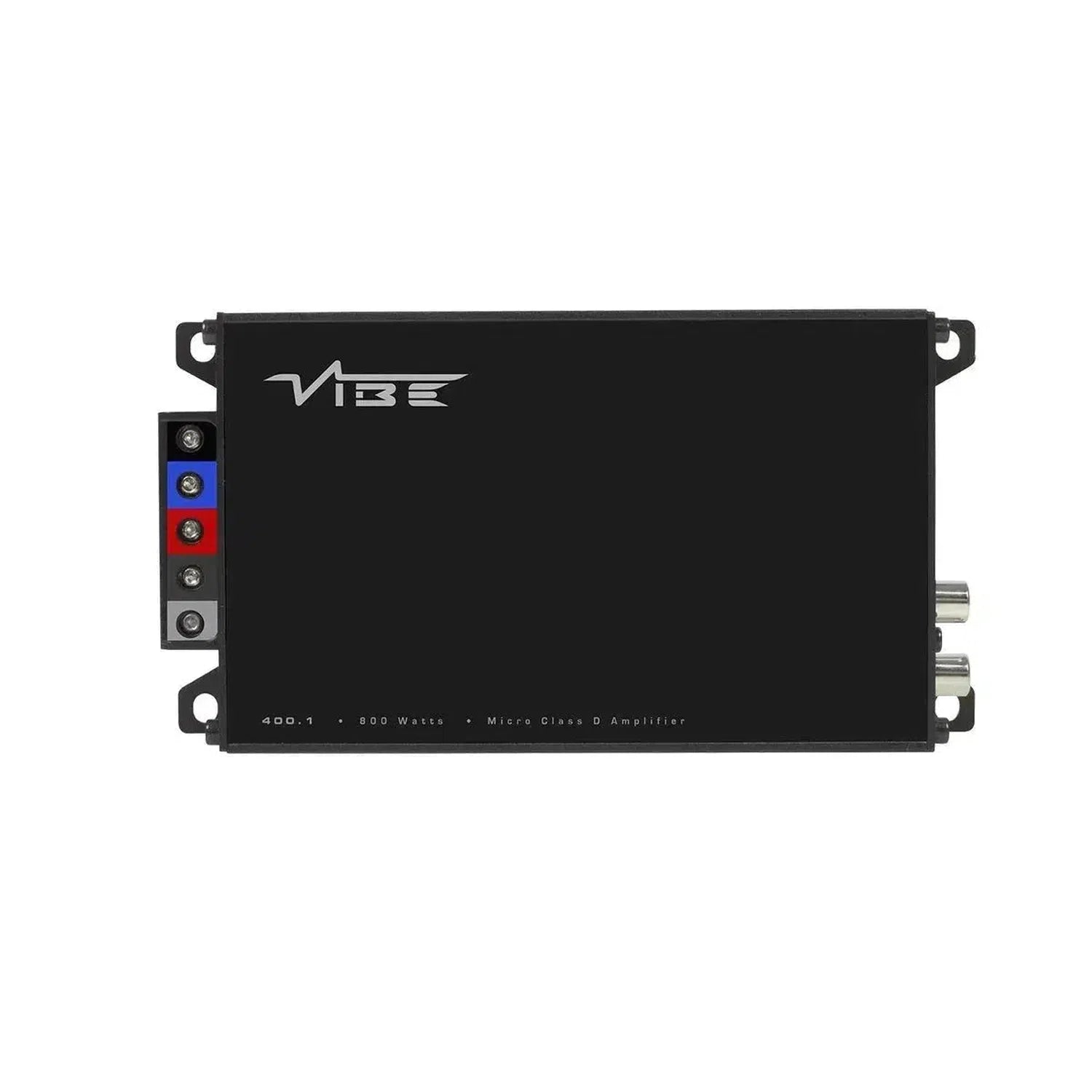 Rectangular black Vibe Audio Powerbox 400.1M-V7 car amplifier with logo, connector ports left, and RCA inputs right.