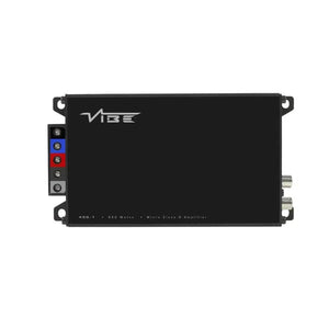 Amplificateur de voiture noir rectangulaire Vibe Audio Powerbox 400.1M-V7 avec logo, ports de connexion à gauche et entrées RCA à droite.