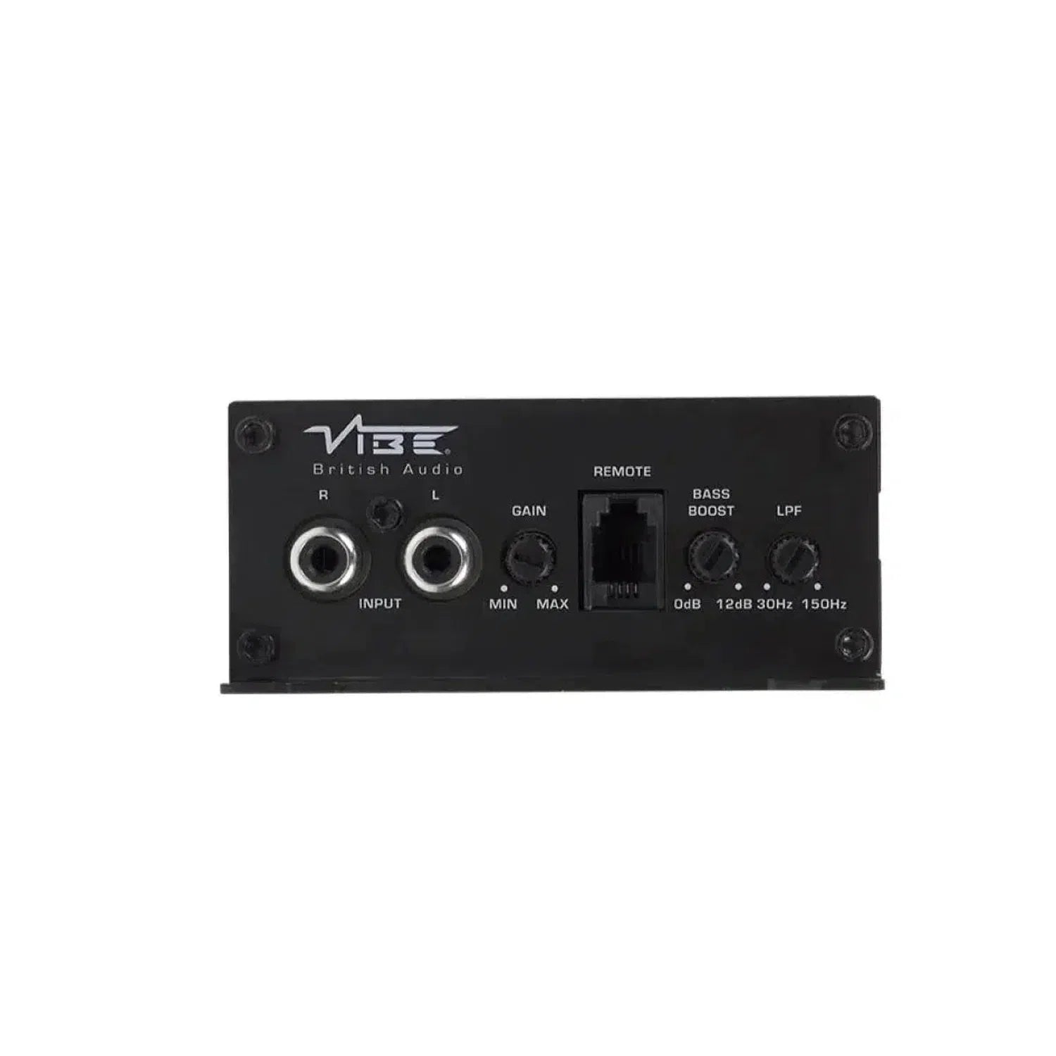 Front view of a Vibe Audio Powerbox 400.1M-V7 control panel featuring input jacks, gain knob, bass remote port, bass boost switch, and LPF switch.