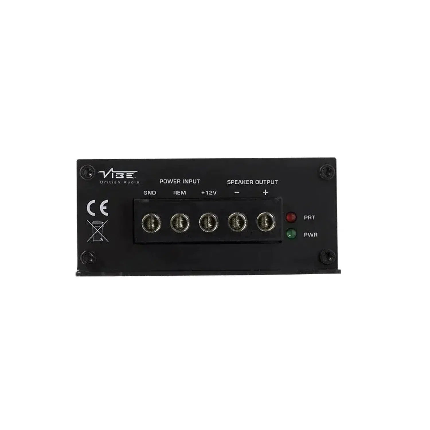 The Vibe Audio Powerbox 400.1M-V7 features five screw terminals, CE marking, red PRT and green PWR LEDs, and supports a bass remote controller.