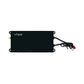 Un microamplificador Vibe Audio Powerbox 65.4M-V7 negro con cables conectados y conectores RCA, sobre fondo blanco.