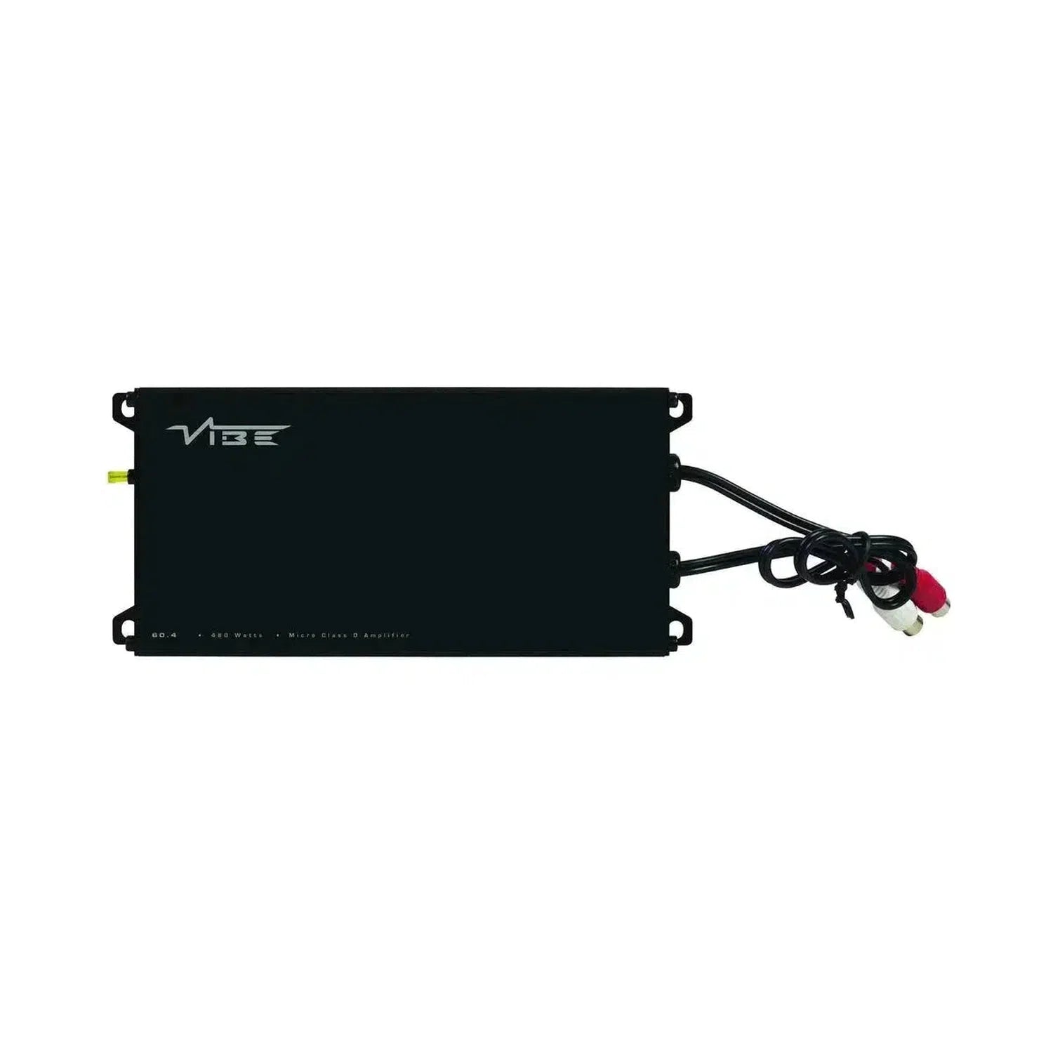 Un microamplificador Vibe Audio Powerbox 65.4M-V7 negro con cables conectados y conectores RCA, sobre fondo blanco.