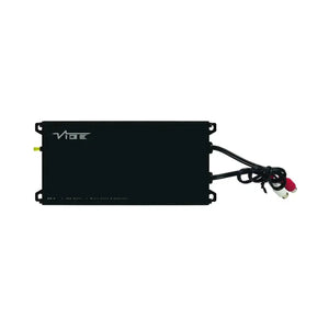A black Vibe Audio Powerbox 65.4M-V7 micro amplifier with attached cables and RCA connectors, shown on a white background.