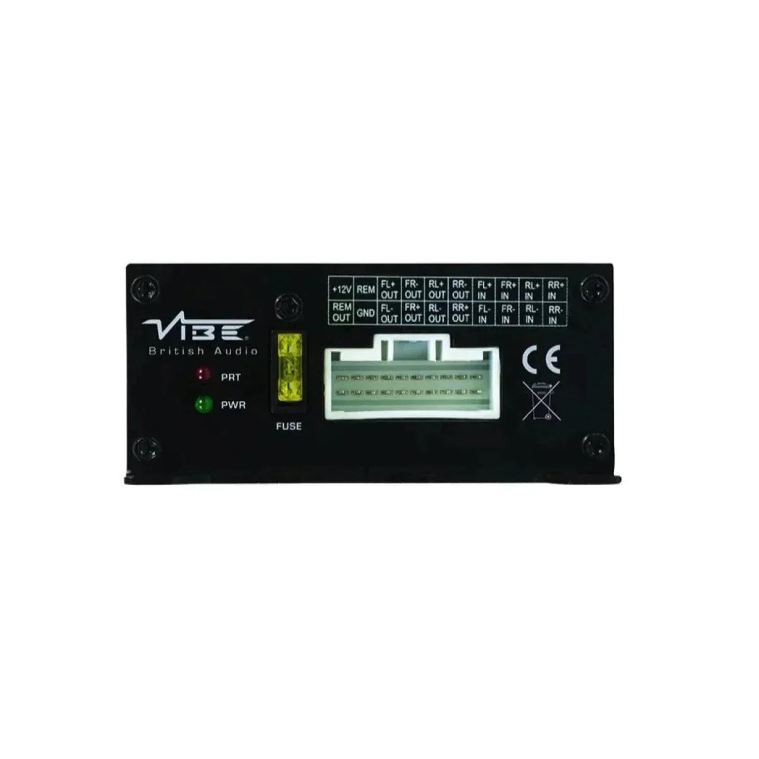 El Vibe Audio Powerbox 65.4M-V7, un amplificador compacto de 4 canales con puertos etiquetados, fusible e indicadores de alimentación, destaca sobre un fondo blanco.