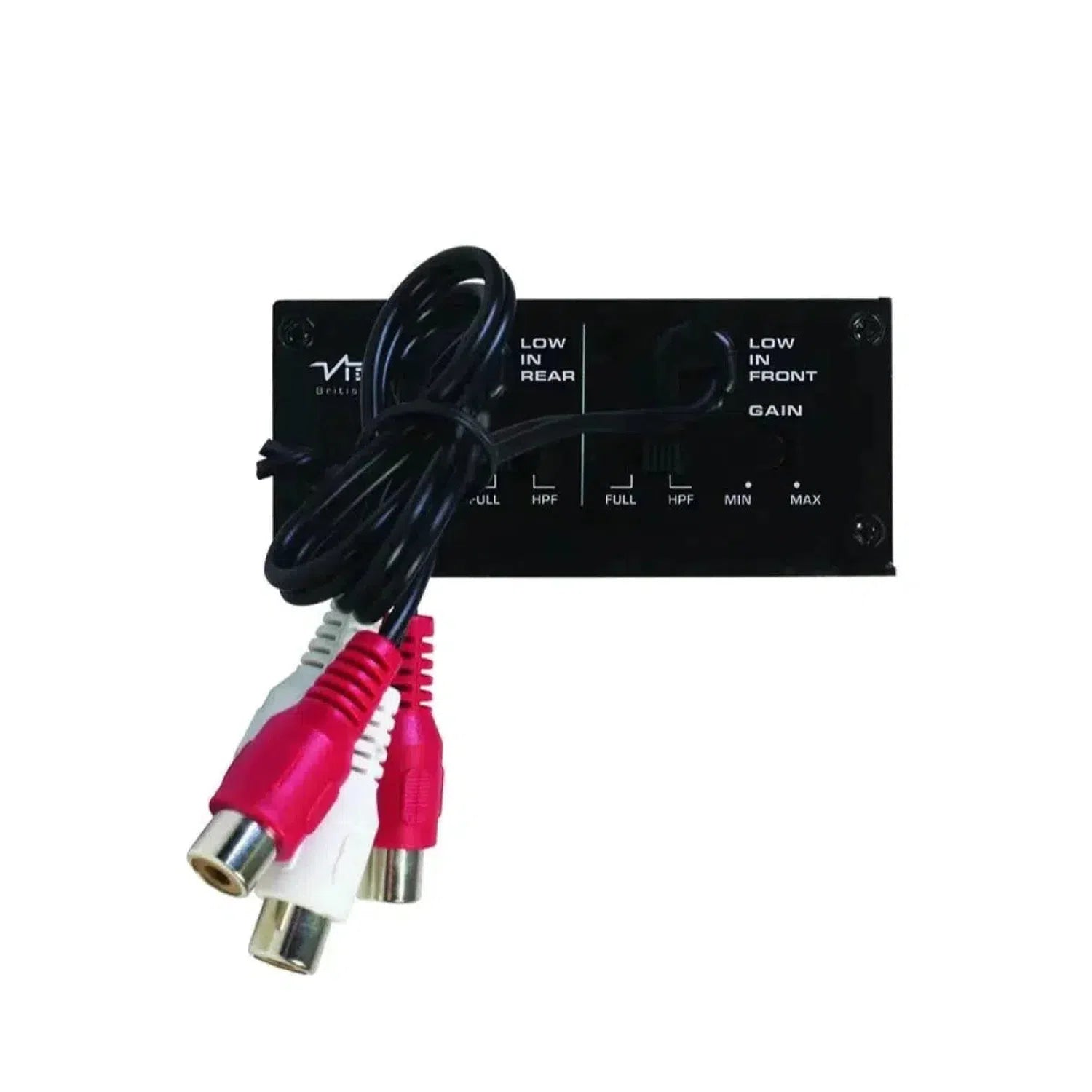 El Vibe Audio Powerbox 65.4M-V7 cuenta con interruptores y diales negros, además de cables RCA, perfectos para amplificadores compactos de 4 canales.