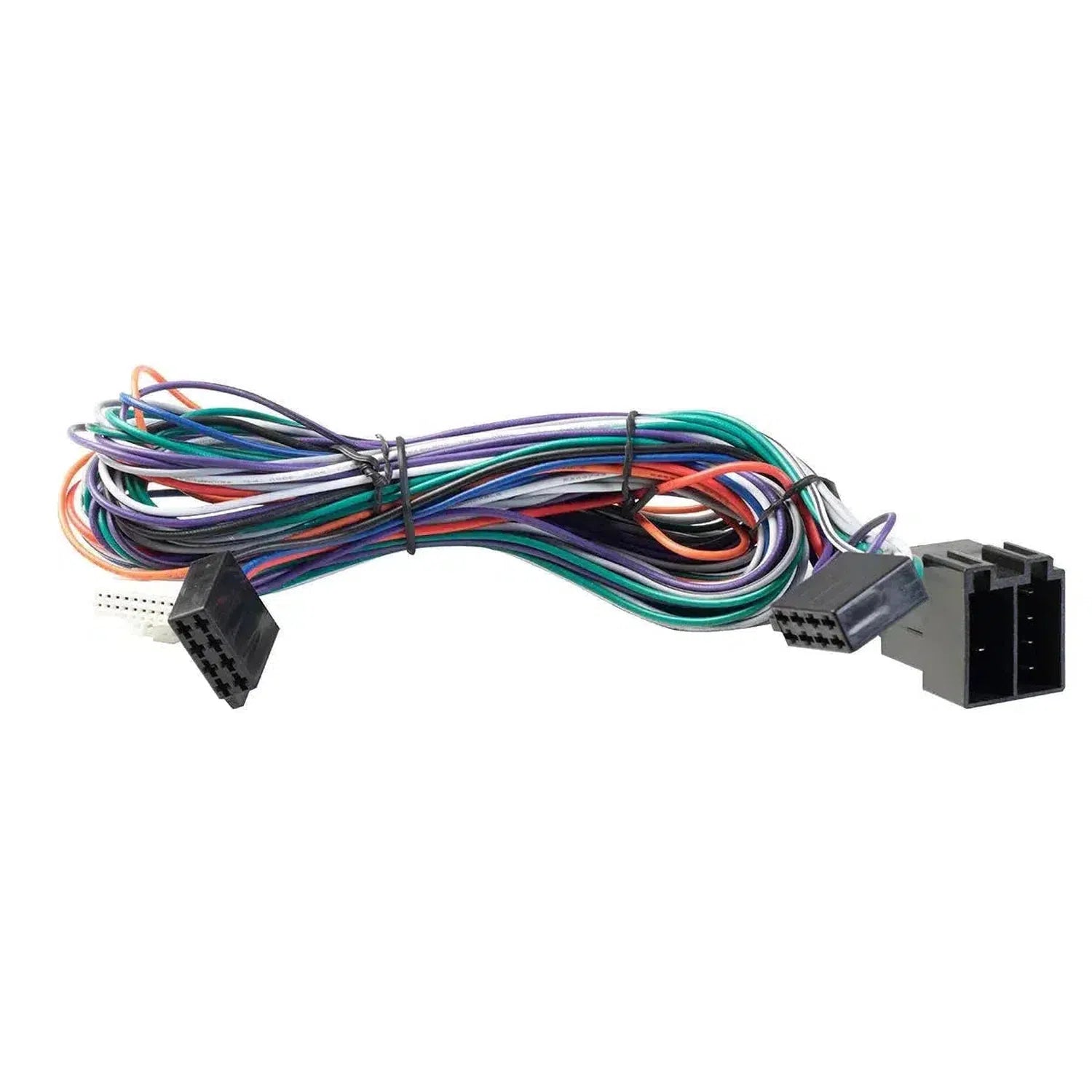 Un manojo enrollado de cables multicolores con conectores negros, diseñado para el Vibe Audio Powerbox 65.4M-V7 4-Kanal Verstärker, asegurado con bridas.