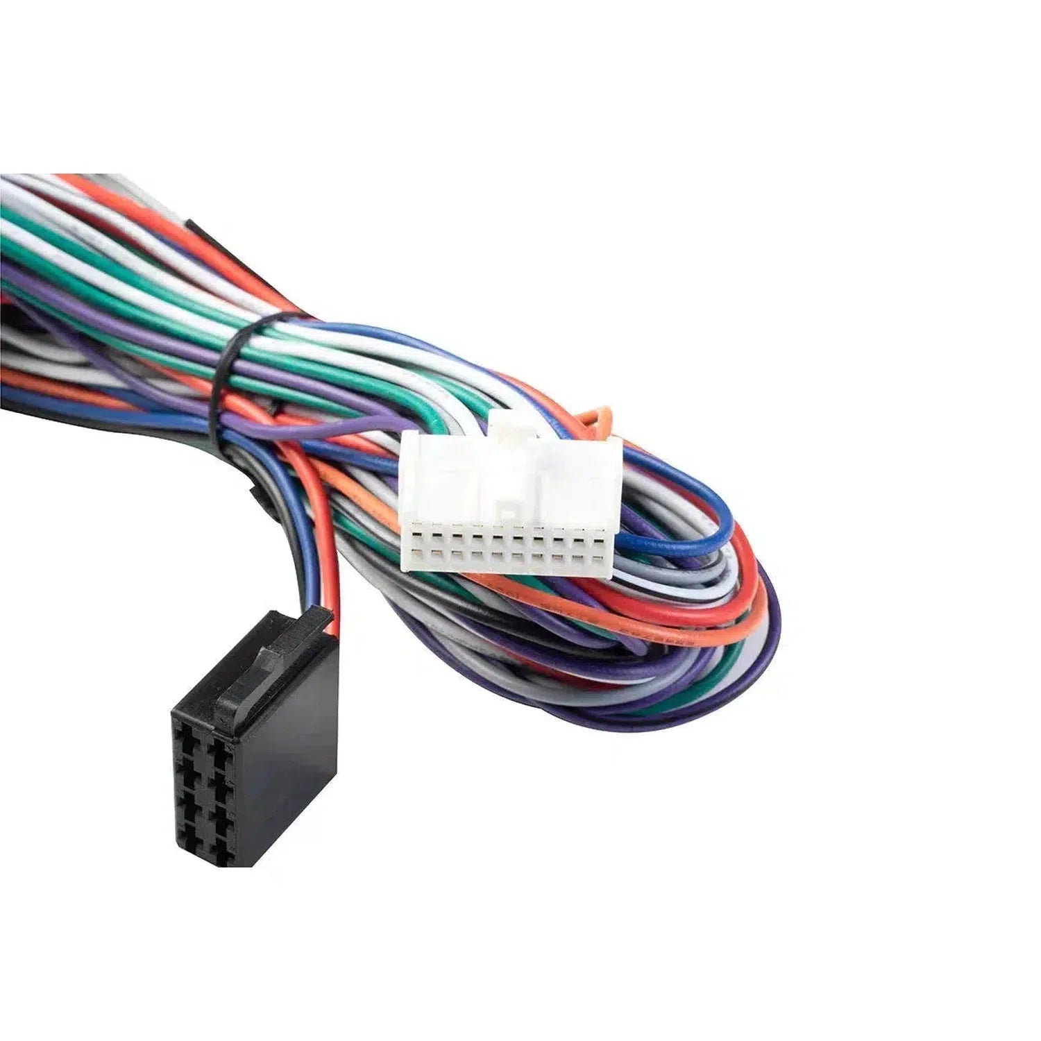 Un haz de cables multicolores con conectores blancos y negros para el Vibe Audio Powerbox 65.4M-V7, ideal para Klasse D o 4-Kanal Verstärker, sobre fondo blanco.