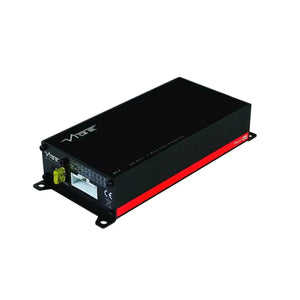 The Vibe Audio Powerbox 65.4M-V7 is a black and red ultracompact 4-channel car amp with fuse and wiring ports on one end.