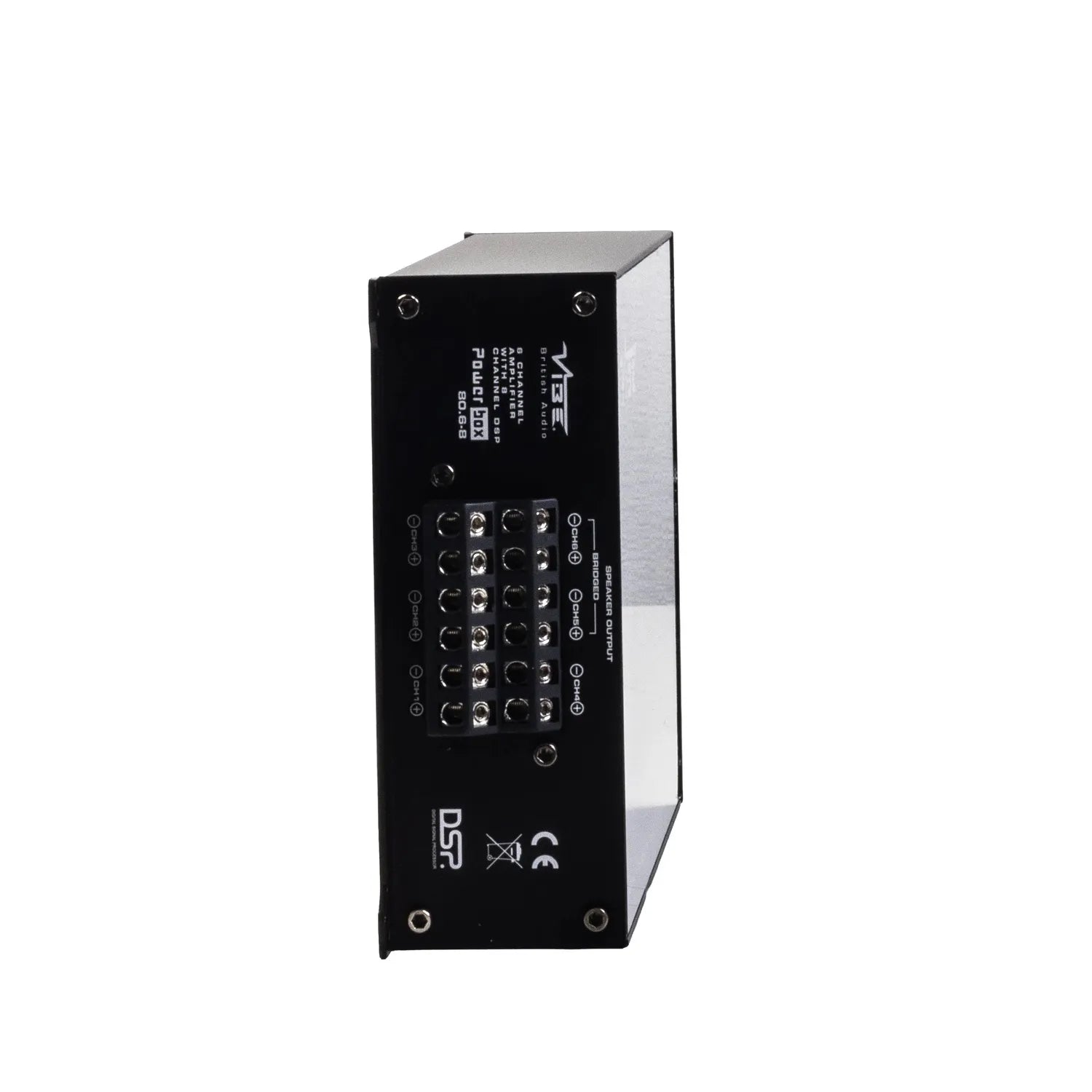 Il Vibe Audio Powerbox 80.6-8DSP V5 è un Mini Verstärker di Classe D di colore nero con porte frontali, terminali etichettati, marchi di certificazione e Bluetooth Musikstreaming.