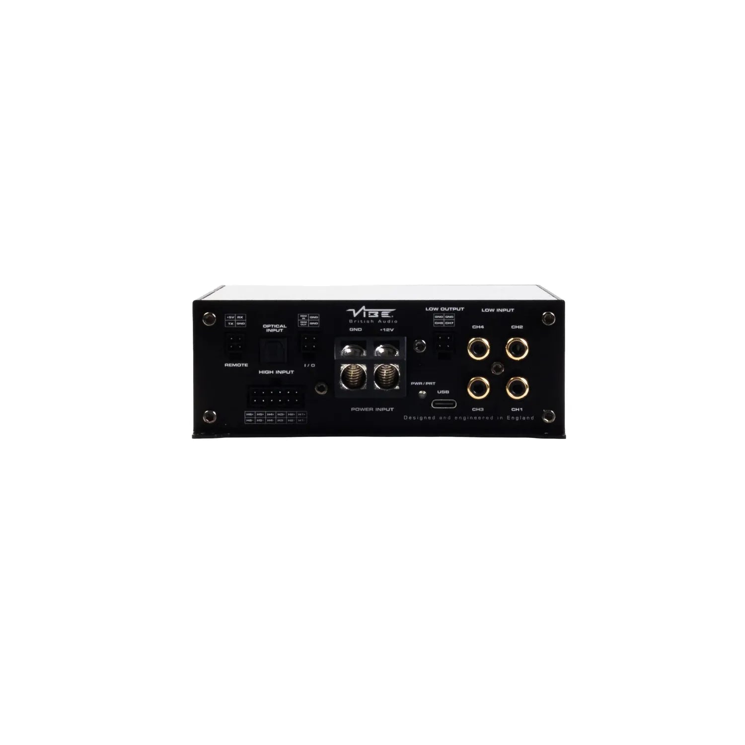 Vibe Audio Powerbox 80.6-8DSP V5 Amplificatore audio di classe D con porte multiple di ingresso/uscita, quadranti di controllo e connettori etichettati su sfondo bianco.
