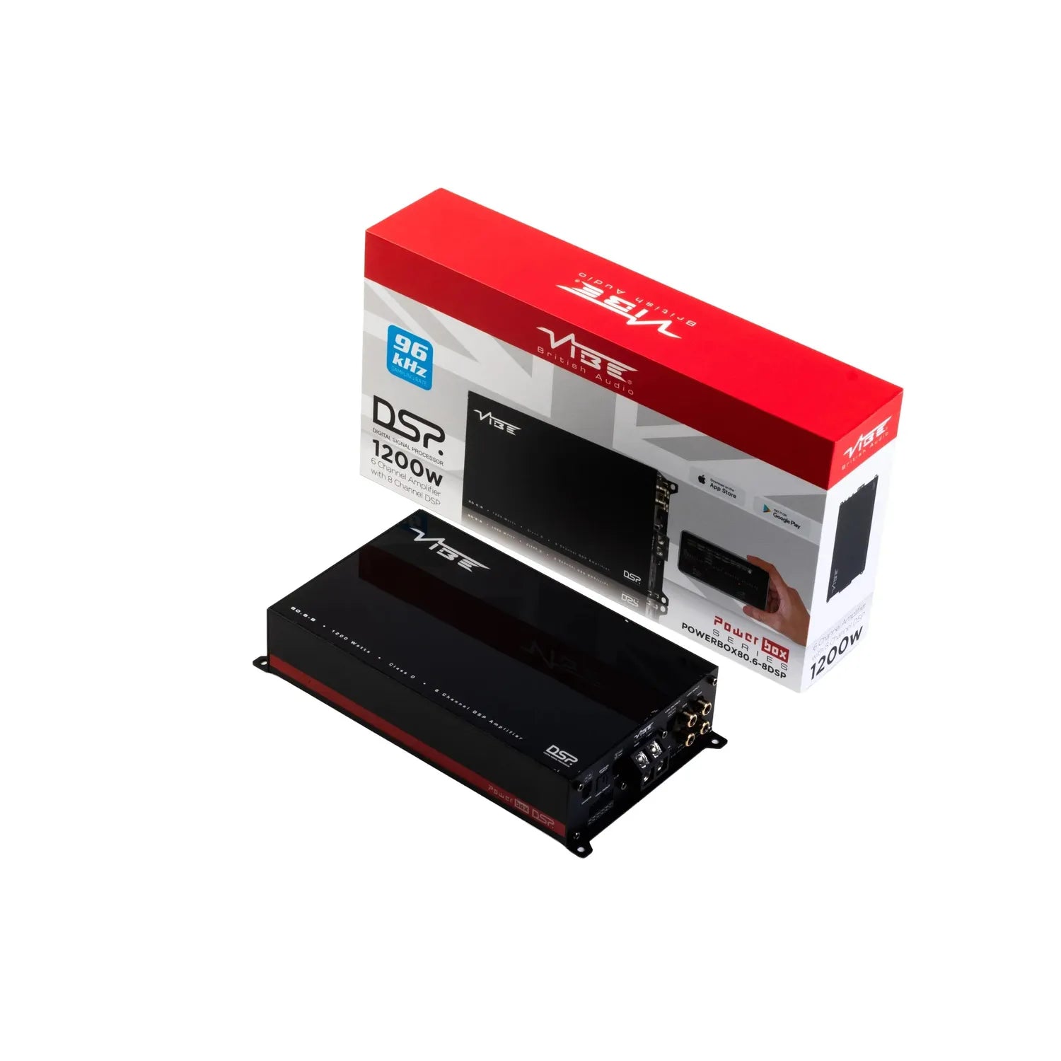 Un Vibe Audio Powerbox 80.6-8DSP V5 è esposto davanti alla sua confezione rossa e bianca.