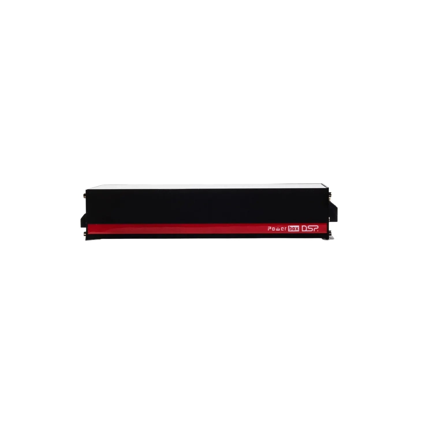 Mini amplificatore Vibe Audio Powerbox 80.6-8DSP V5 in classe D, di forma rettangolare e di colore nero, con striscia rossa ed etichetta Power Box DSP, isolato su sfondo bianco.