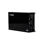 Vibe Audio Powerbox 80.6-8DSP V5 è un amplificatore per auto a 6 canali di colore nero con porte multiple, interruttori di controllo e marchio bianco.