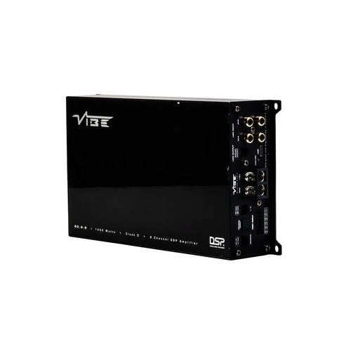 Vibe Audio Powerbox 80.6-8DSP V5 è un amplificatore per auto a 6 canali di colore nero con porte multiple, interruttori di controllo e marchio bianco.