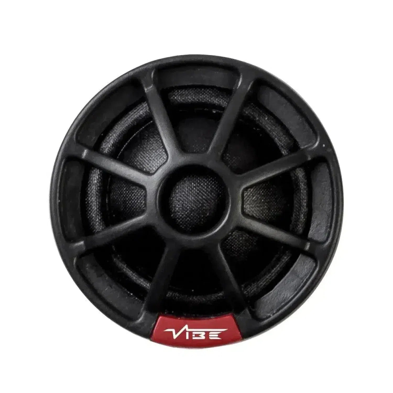 Un diffusore rotondo nero Vibe Audio Slick 1-V7 con griglia protettiva ed etichetta rossa VIBE, perfetto come Ersatz für Werkslautsprecher.