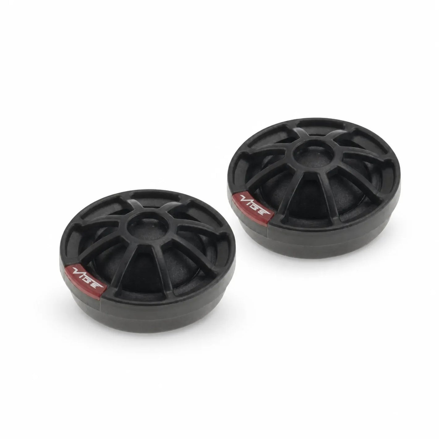 Due pad jack Slick 1-V7 in gomma nera e rotonda di Vibe Audio, con scanalature sulla parte superiore, etichetta rossa e bianca, ideali come Werkslautsprecher Ersatz, raffigurati su sfondo bianco.