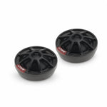 Due pad jack Slick 1-V7 in gomma nera e rotonda di Vibe Audio, con scanalature sulla parte superiore, etichetta rossa e bianca, ideali come Werkslautsprecher Ersatz, raffigurati su sfondo bianco.