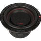 A Vibe Audio Slick 10D2-V0 subwoofer, black with red stitching and 1500 WATTS label, delivers powerful bass from a top-down view.