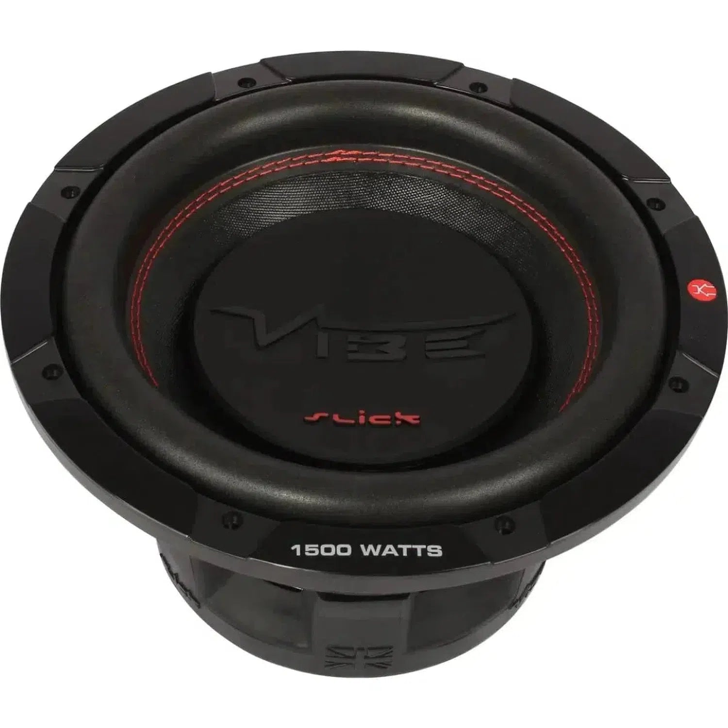 A Vibe Audio Slick 10D2-V0 subwoofer, black with red stitching and 1500 WATTS label, delivers powerful bass from a top-down view.