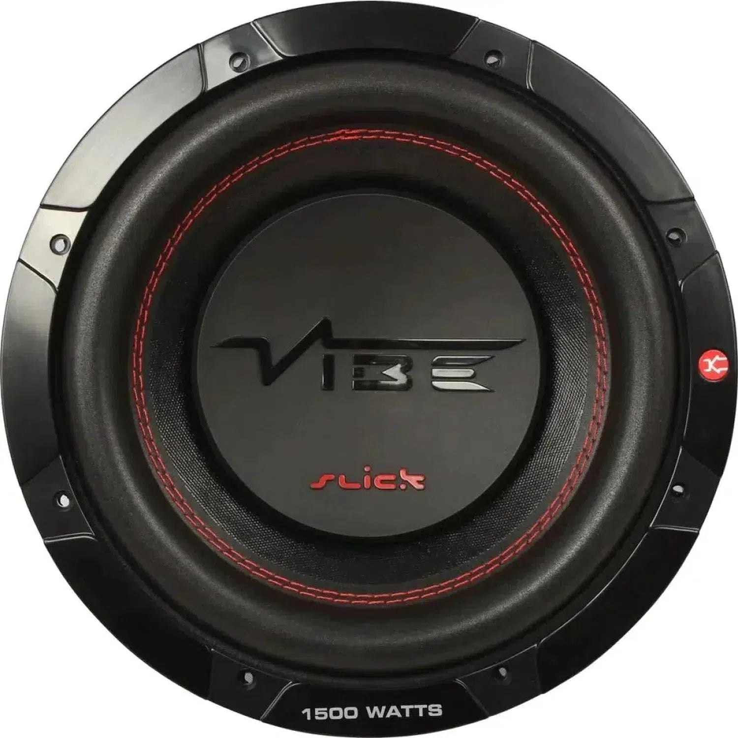 The Vibe Audio Slick 10D2-V0 is a black 10-inch subwoofer with red stitching, Vibe logo center, and 1500W for kraftvolle Tieftonwiedergabe.