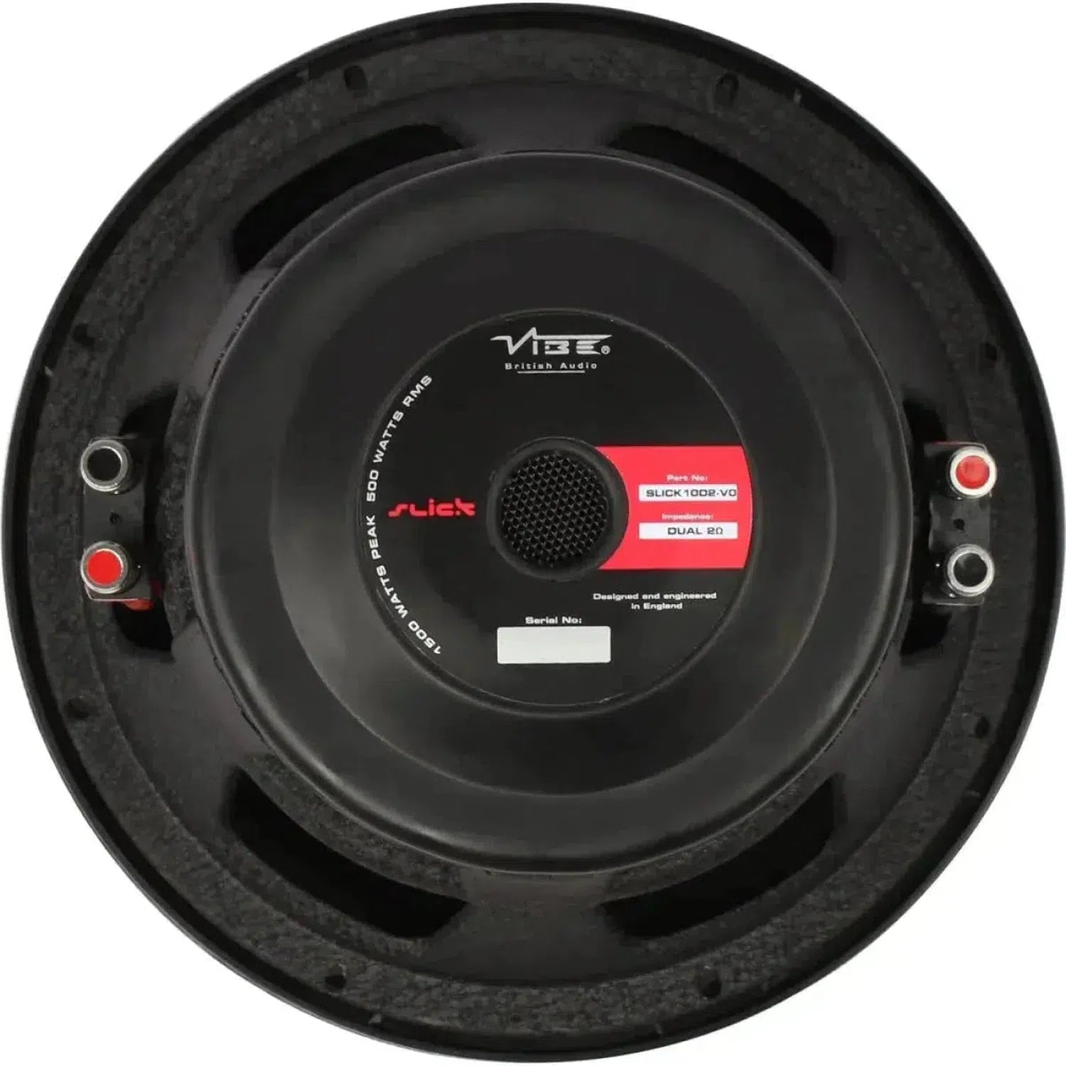Back view of the Vibe Audio Slick 10D2-V0 subwoofer 10 Zoll, showing connection terminals and center label for kraftvolle Tieftonwiedergabe.