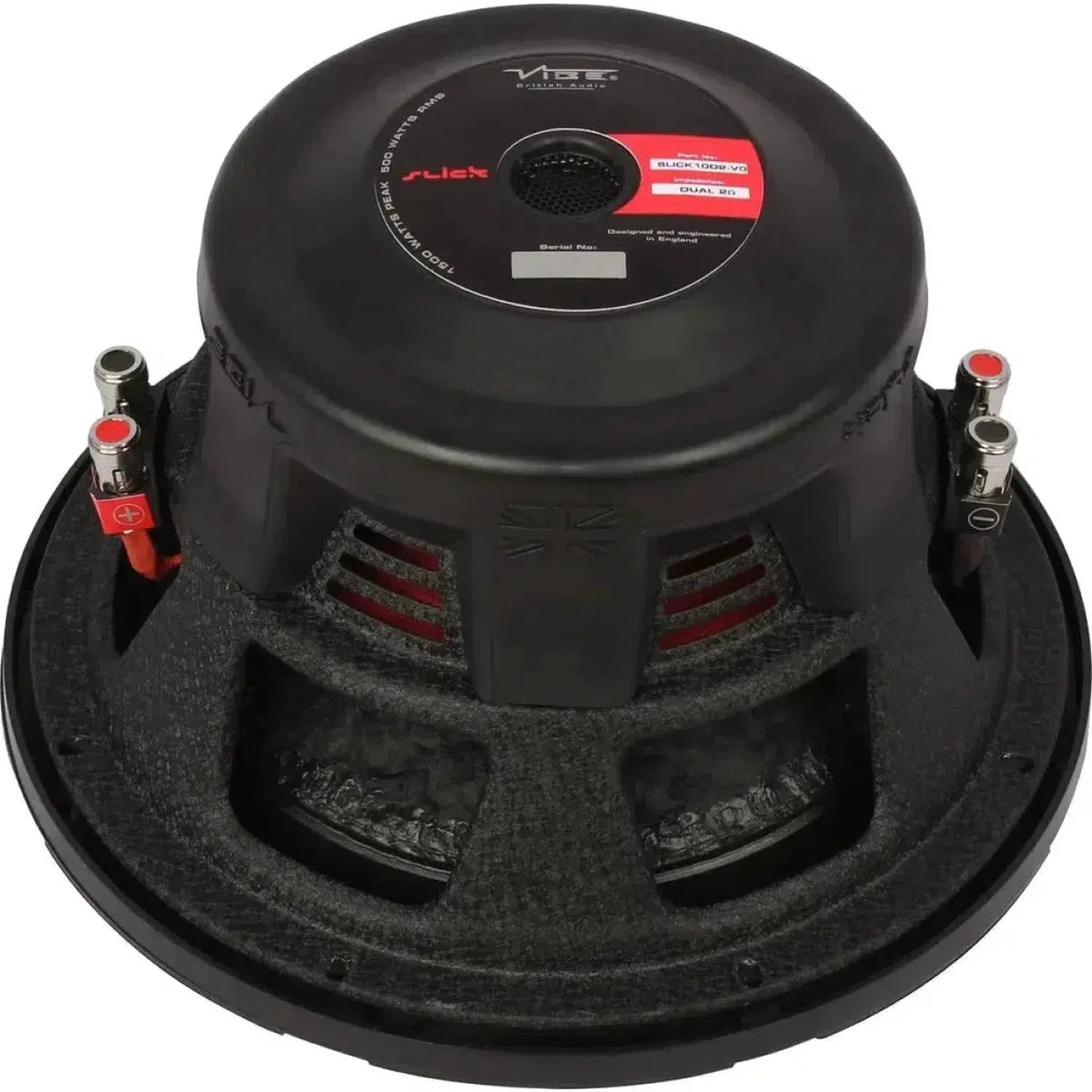 The Vibe Audio Slick 10D2-V0 is a black 10 subwoofer with a red and white label, wiring terminals, and rear vents for powerful bass.