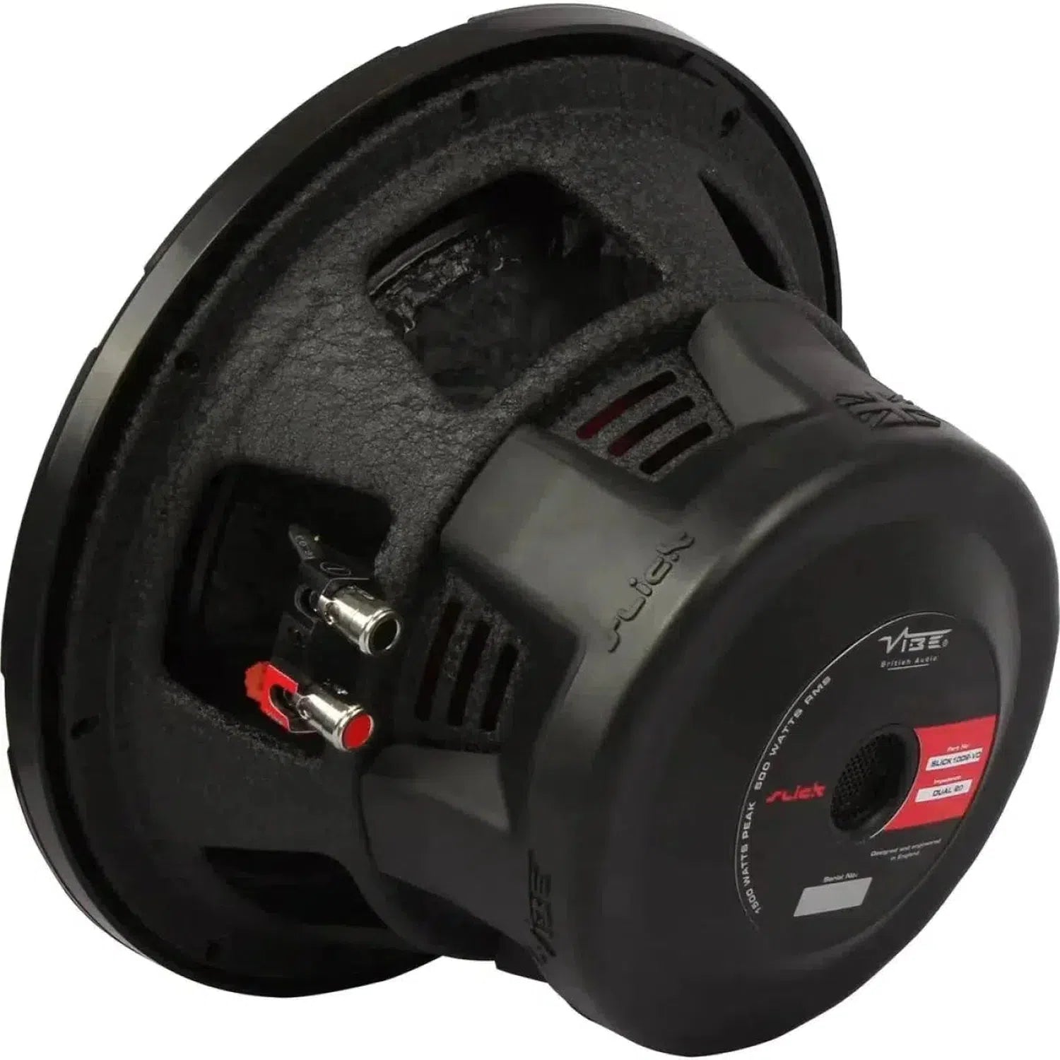 The Vibe Audio Slick 10D2-V0 is a black subwoofer with a large magnet, wiring terminals, and red/black rear label for powerful bass.