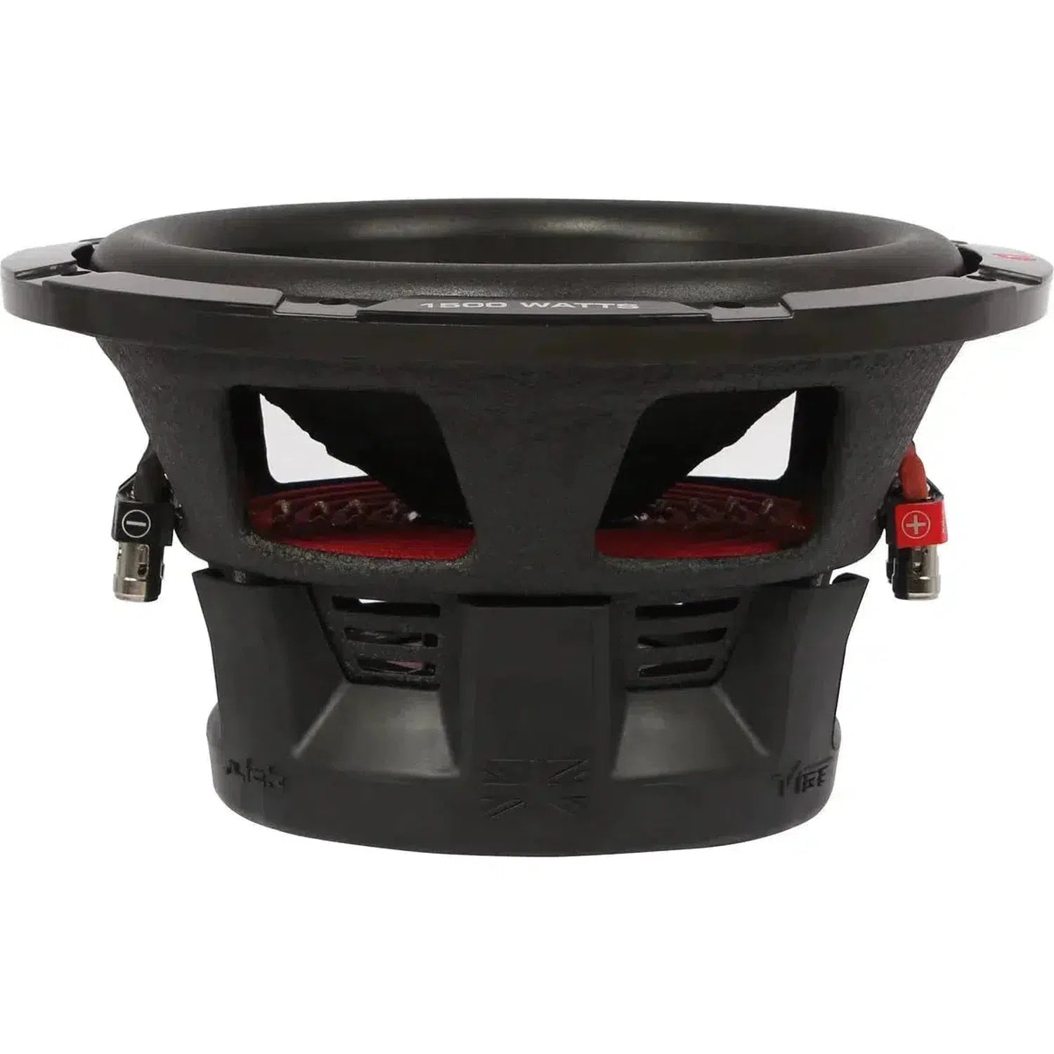 The Vibe Audio Slick 10D2-V0, a 10-inch subwoofer with visible coils, terminals, and a sturdy frame, is shown from a side view slightly below.
