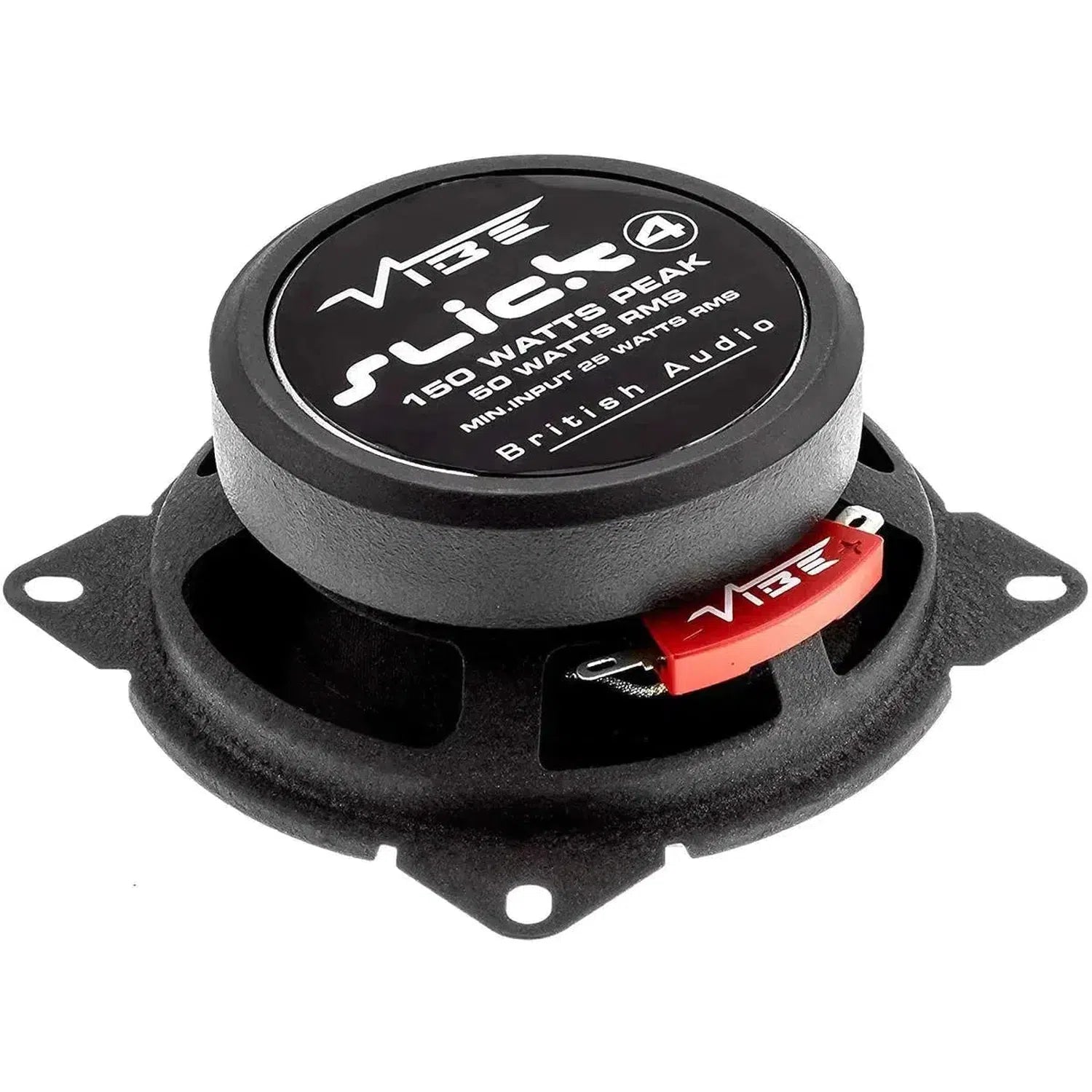 Black Vibe Audio Slick 4-V7 round coaxial speaker, 160W peak/80W RMS, British audio, red connector, mounting holes on white background.