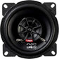 Gros plan sur une enceinte coaxiale Vibe Audio Slick 4-V7 4 noire avec une grille centrale, des accents métalliques et le texte Slick S4 sur la face avant.