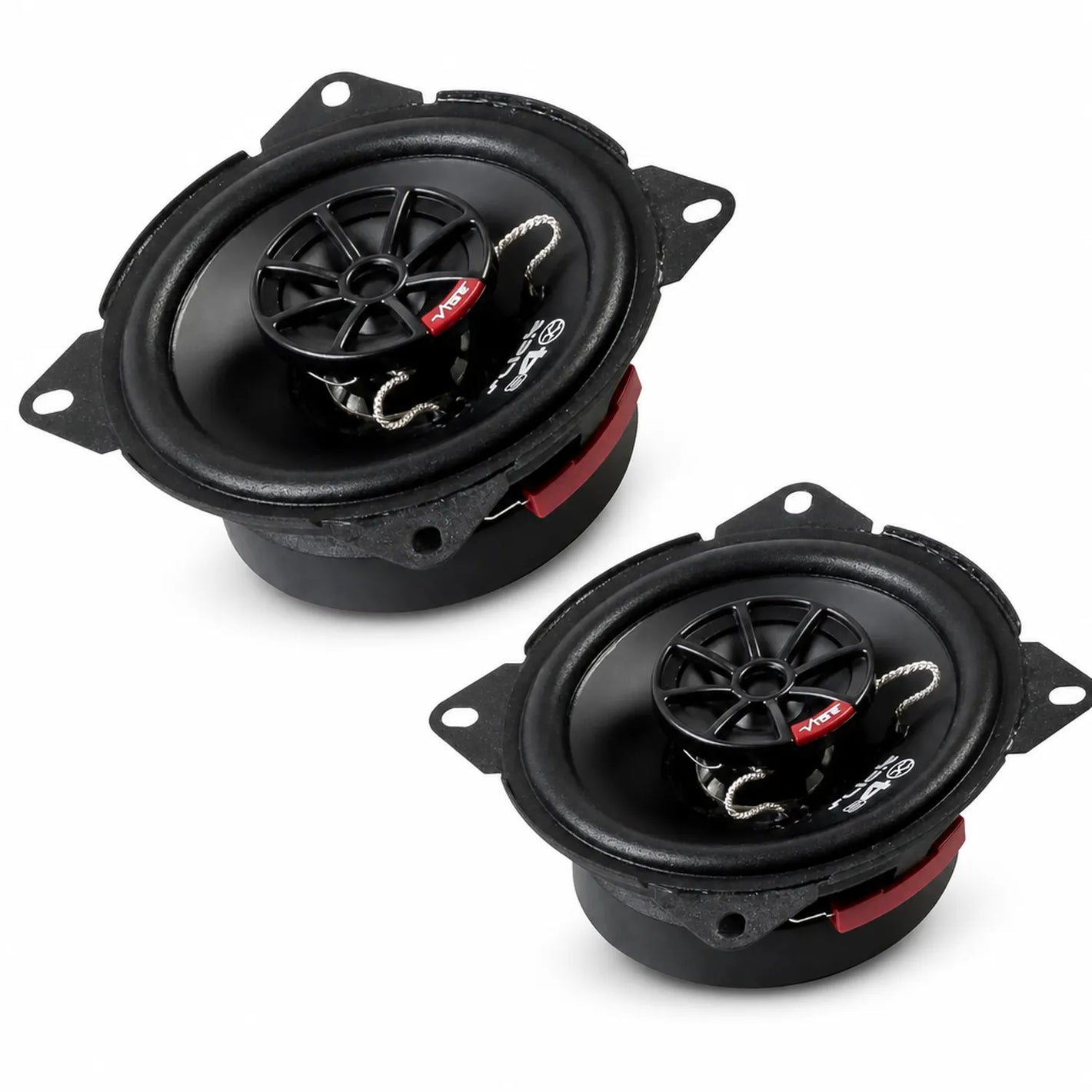 Deux enceintes Vibe Audio Slick 4-V7 noires de forme ovale, avec câblage visible et accents rouges, présentées côte à côte sur un fond blanc.