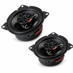 Deux enceintes Vibe Audio Slick 4-V7 noires de forme ovale, avec câblage visible et accents rouges, présentées côte à côte sur un fond blanc.