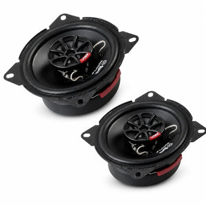 Deux enceintes Vibe Audio Slick 4-V7 noires de forme ovale, avec câblage visible et accents rouges, présentées côte à côte sur un fond blanc.