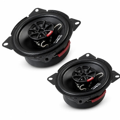 Deux enceintes Vibe Audio Slick 4-V7 noires de forme ovale, avec câblage visible et accents rouges, présentées côte à côte sur un fond blanc.