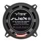 Close-up of a Vibe Audio Slick 5-V7 5 coaxial speaker showing specs: 210W peak, 70W RMS, British branding, four mounting holes.
