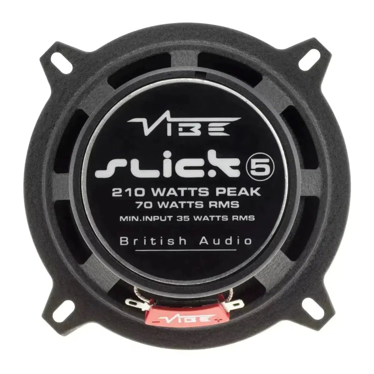 Close-up of a Vibe Audio Slick 5-V7 5 coaxial speaker showing specs: 210W peak, 70W RMS, British branding, four mounting holes.