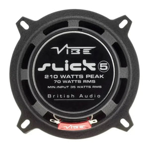 Close-up of a Vibe Audio Slick 5-V7 5 coaxial speaker showing specs: 210W peak, 70W RMS, British branding, four mounting holes.