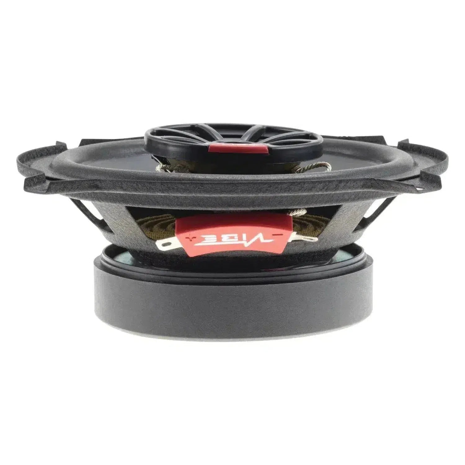 Side view of a Vibe Audio Slick 5-V7 5-inch coaxial speaker with black cone, silver magnet, red logo label, and 70W RMS power.
