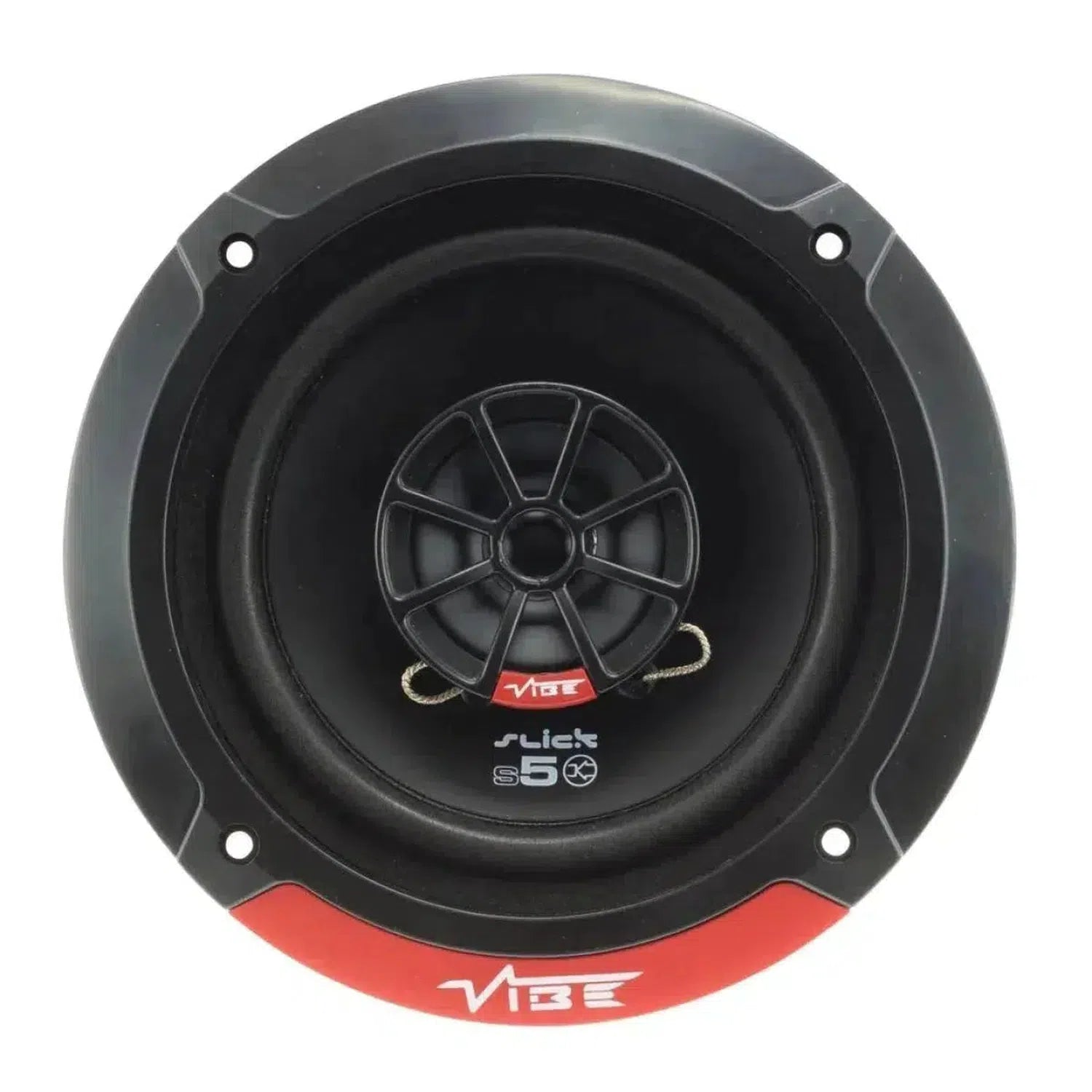 Round black Vibe Audio Slick 5-V7 car speaker with red accent, 70W RMS, and visible Vibe Audio logo at the bottom.