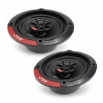 Two Vibe Audio Slick 5-V7 black and red 5-inch coaxial speakers, each with 70W RMS, are placed side by side on a white background.