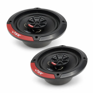 Two Vibe Audio Slick 5-V7 black and red 5-inch coaxial speakers, each with 70W RMS, are placed side by side on a white background.