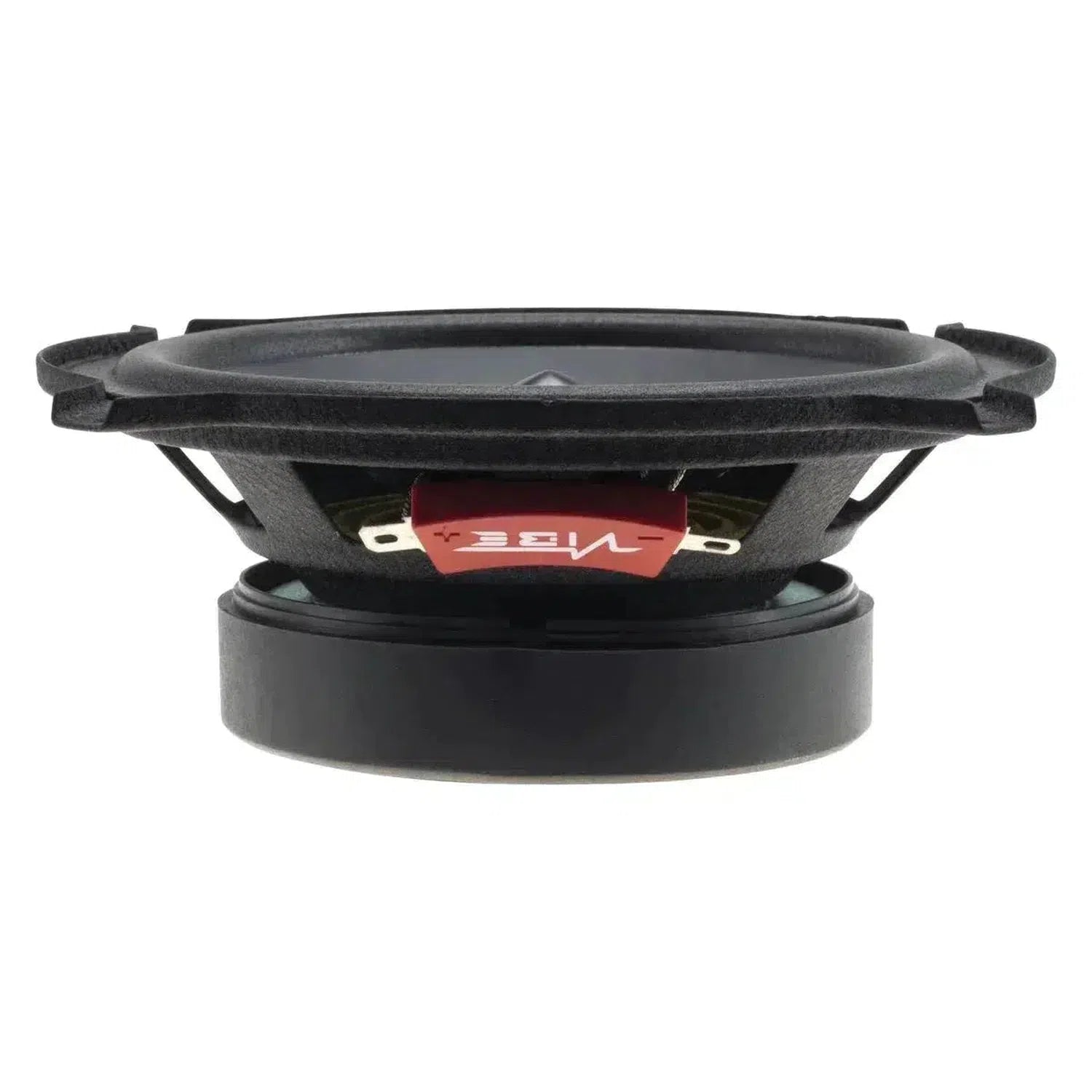 Vibe Audio Slick 5C-V7 è un diffusore subwoofer rotondo nero per auto, con vista laterale che mostra la base magnetica, il telaio e il connettore rosso, ideale per i sistemi a 2 componenti.