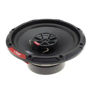 The Vibe Audio Slick 6-V7 is a black and red 6.5 round coaxial speaker with visible cone and wiring terminals, shown on a white background.